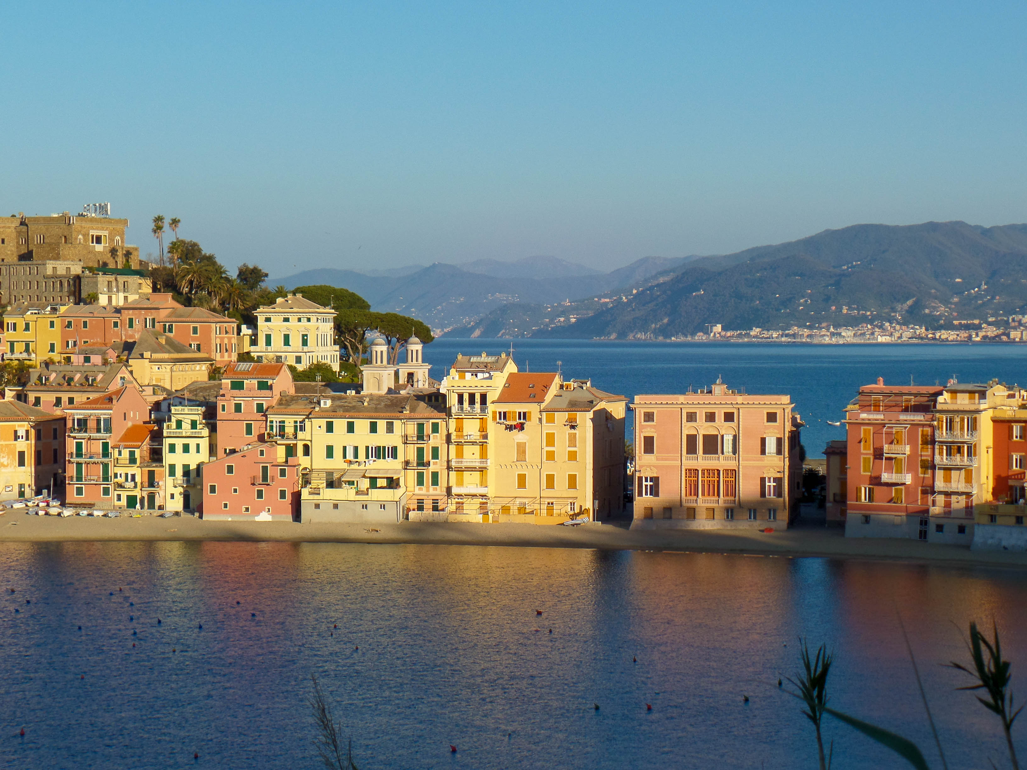 Fargerike smale husfasader på odde i Portofino
