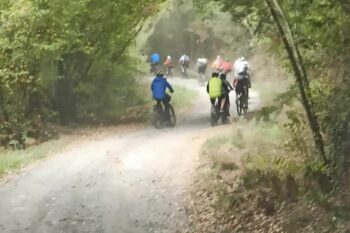 Lang gruppe syklister mellom trær på støvete vei